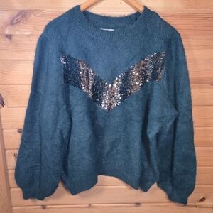 NWT Cara Santana Nine West Green Fuzzy Sequin Eyelash Holiday Sweater Womens XXL